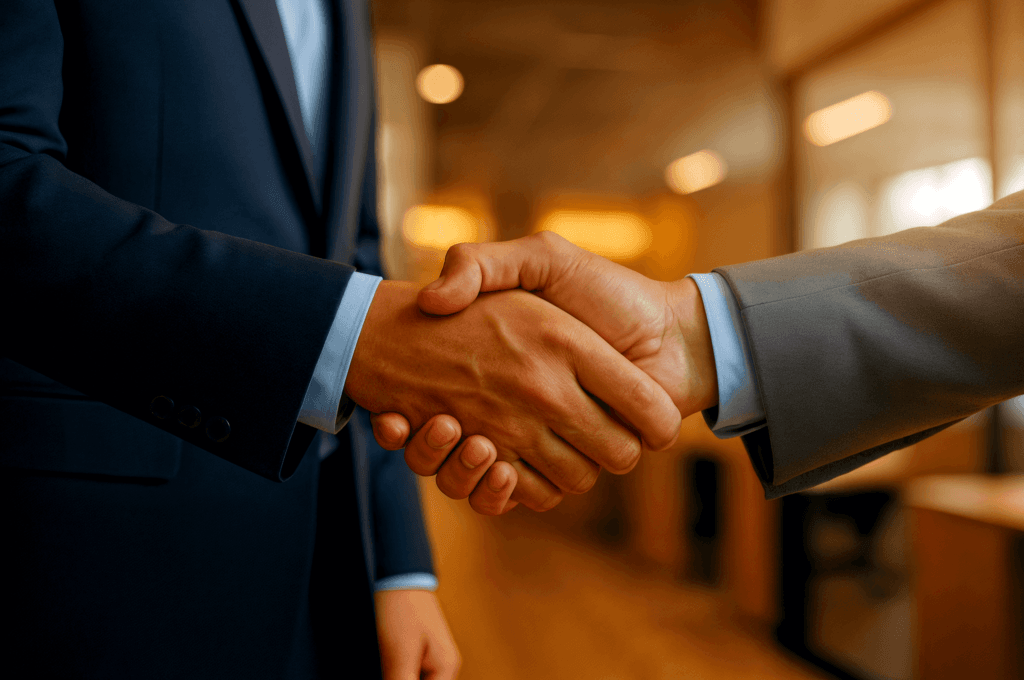 Handshake symbolizing trust in ICR Evolution’s ISO 27001 certification.